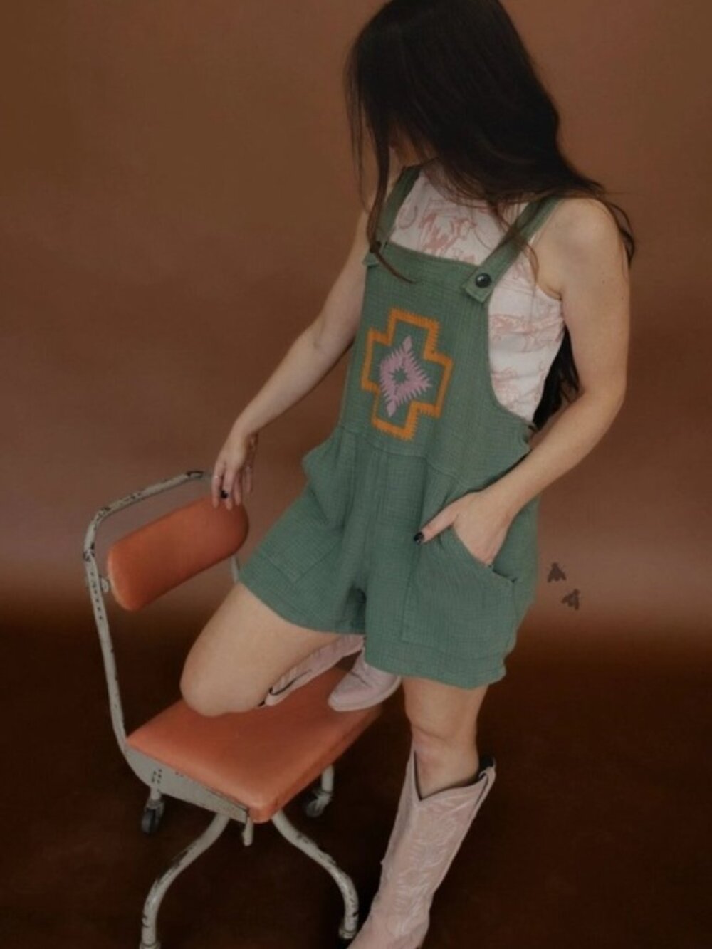 Southwest Olive Green Soft Linen Romper